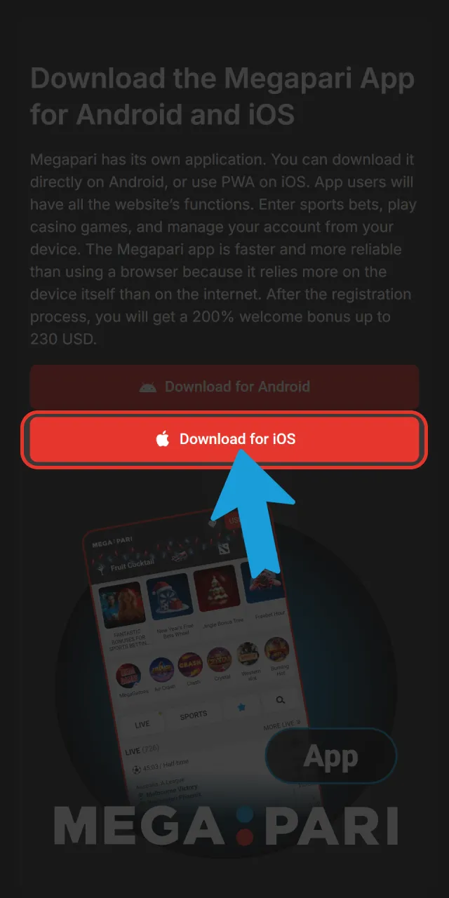 Open the mobile application section on the official Megapari website.