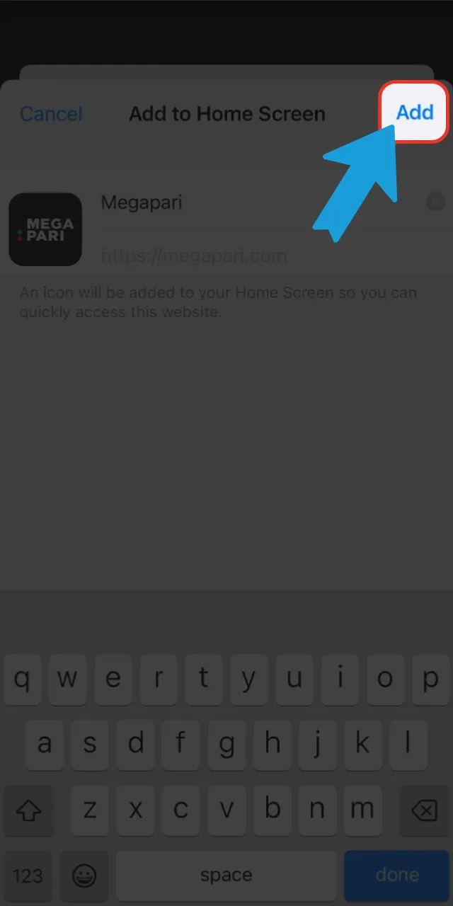 Confirm the shortcut installation on the official Megapari mobile site.