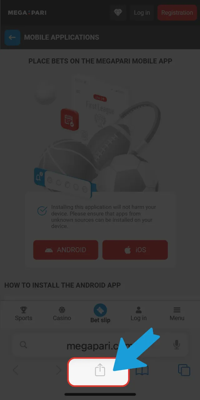 Use the Safari browser menu on the official Megapari platform.