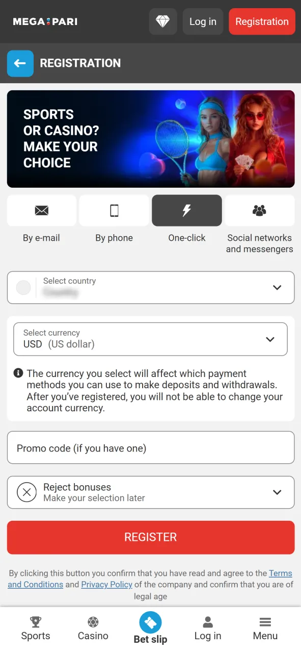 Create your account easily using the official Megapari mobile application.