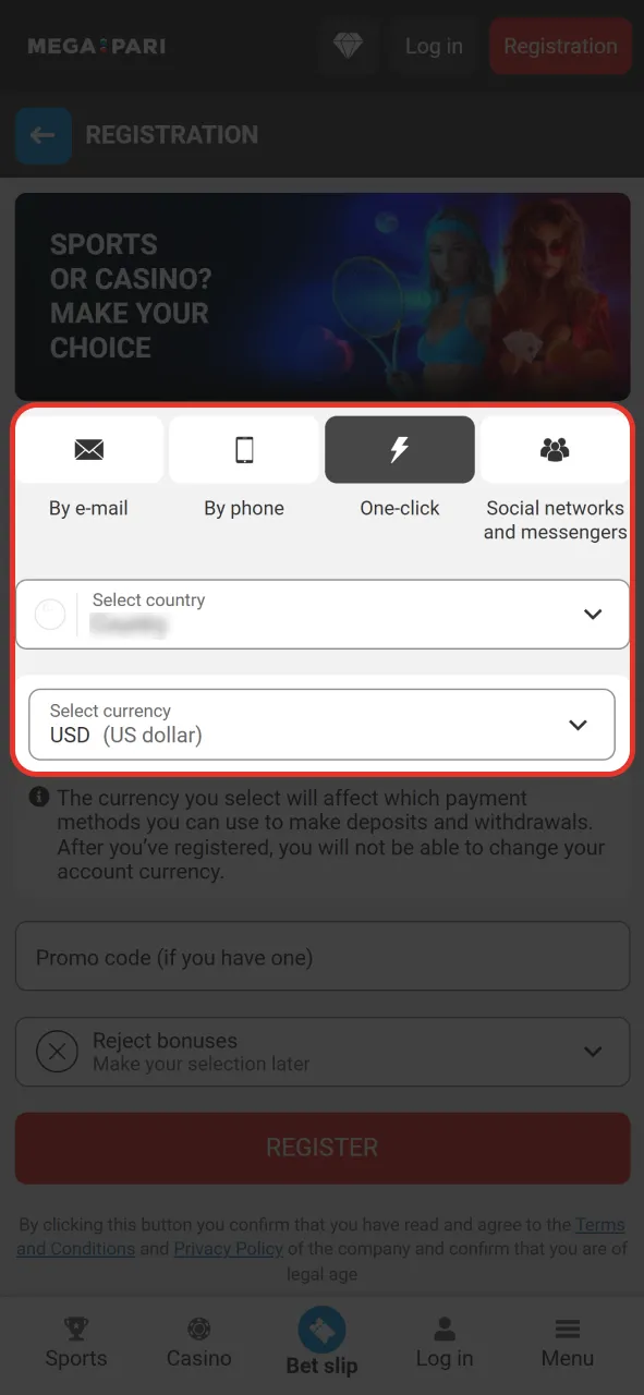 Complete the registration form on the official Megapari gaming website.