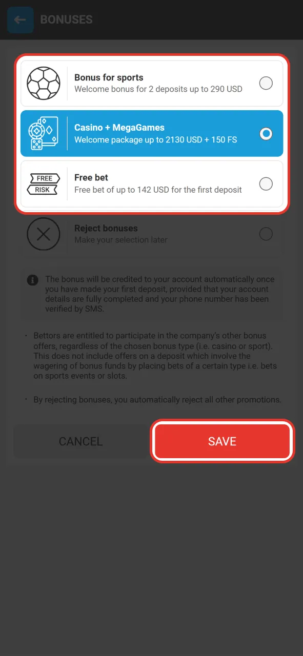 Choose your preferred welcome promotion on the official Megapari platform.