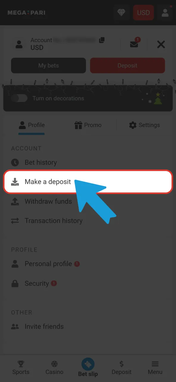 Deposit funds to your balance on the official Megapari platform.