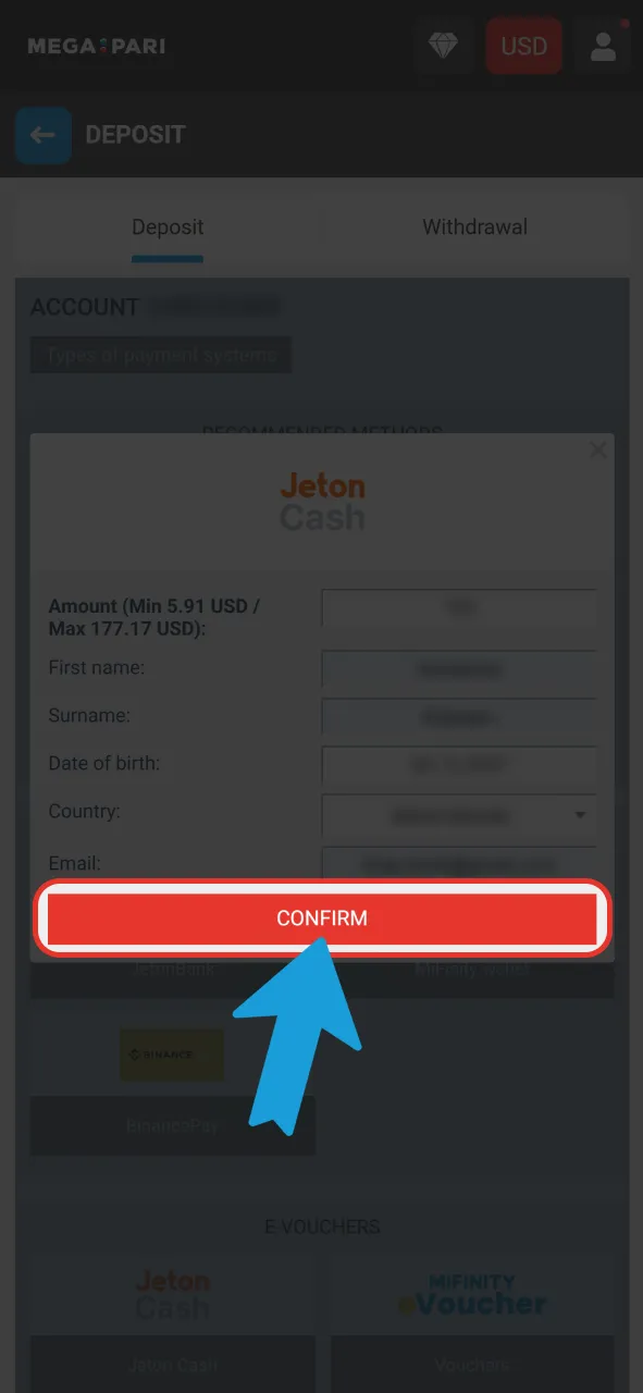 Complete your financial transaction on the official Megapari betting site.