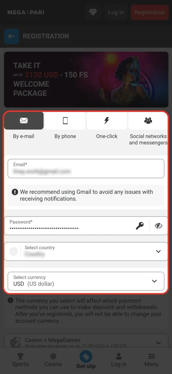Provide your account details on the official Megapari gaming platform.