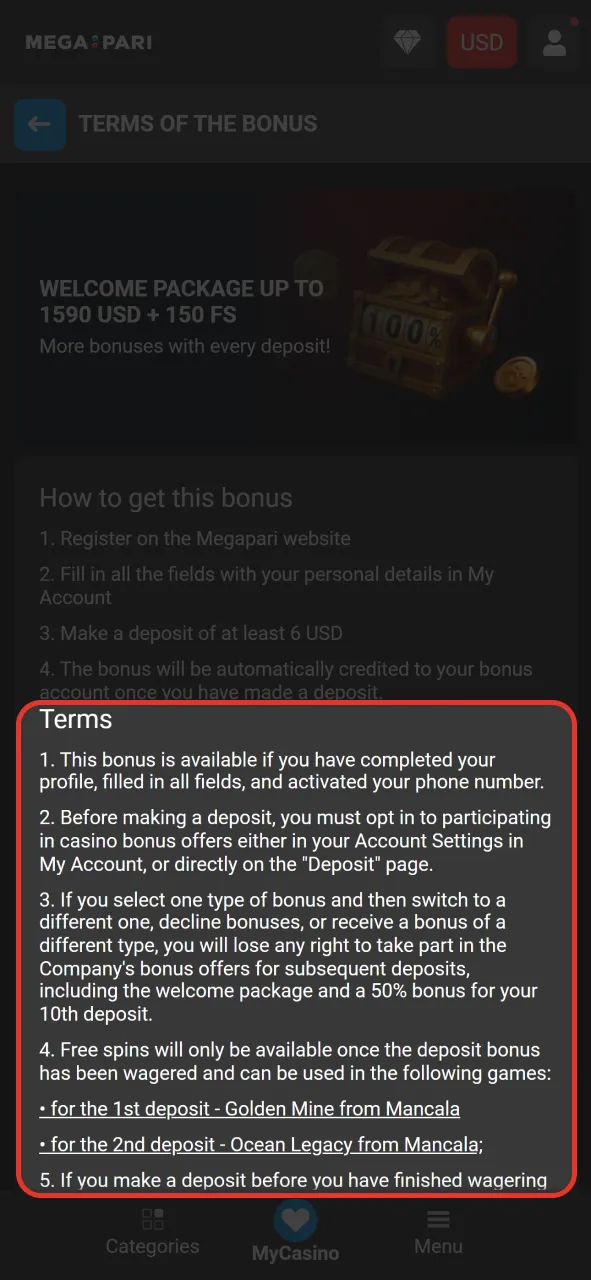 Review all bonus terms and conditions on official Megapari platform.