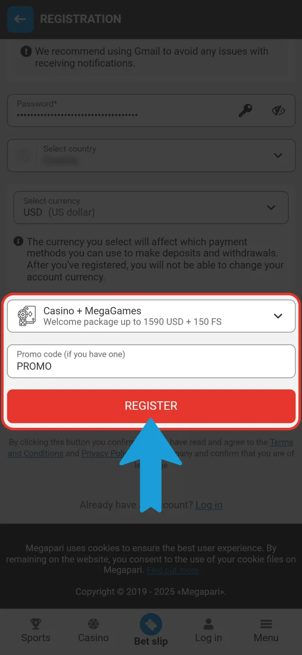 Enter the promo code during registration on official Megapari site.