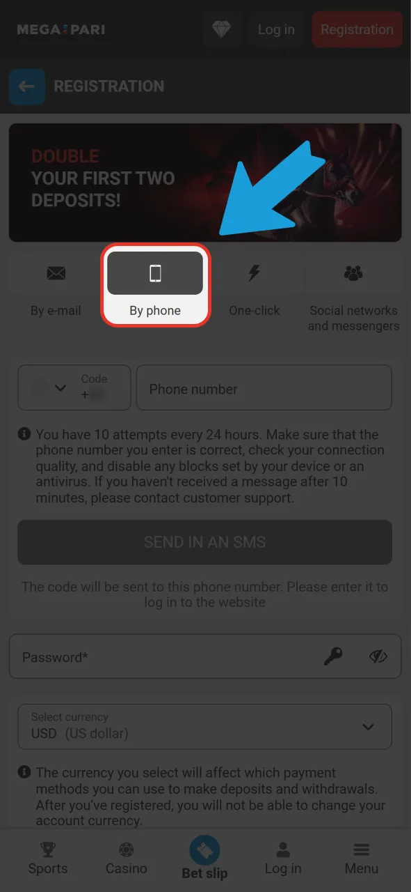 Select your preferred sign up method on official Megapari platform.