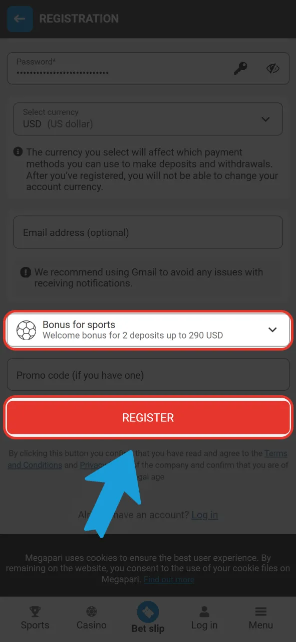 Complete your account creation on the official Megapari gaming site.