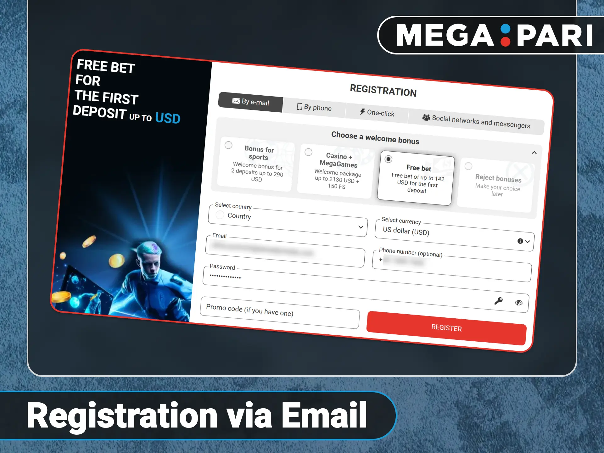 Create your player profile using email on official Megapari website.