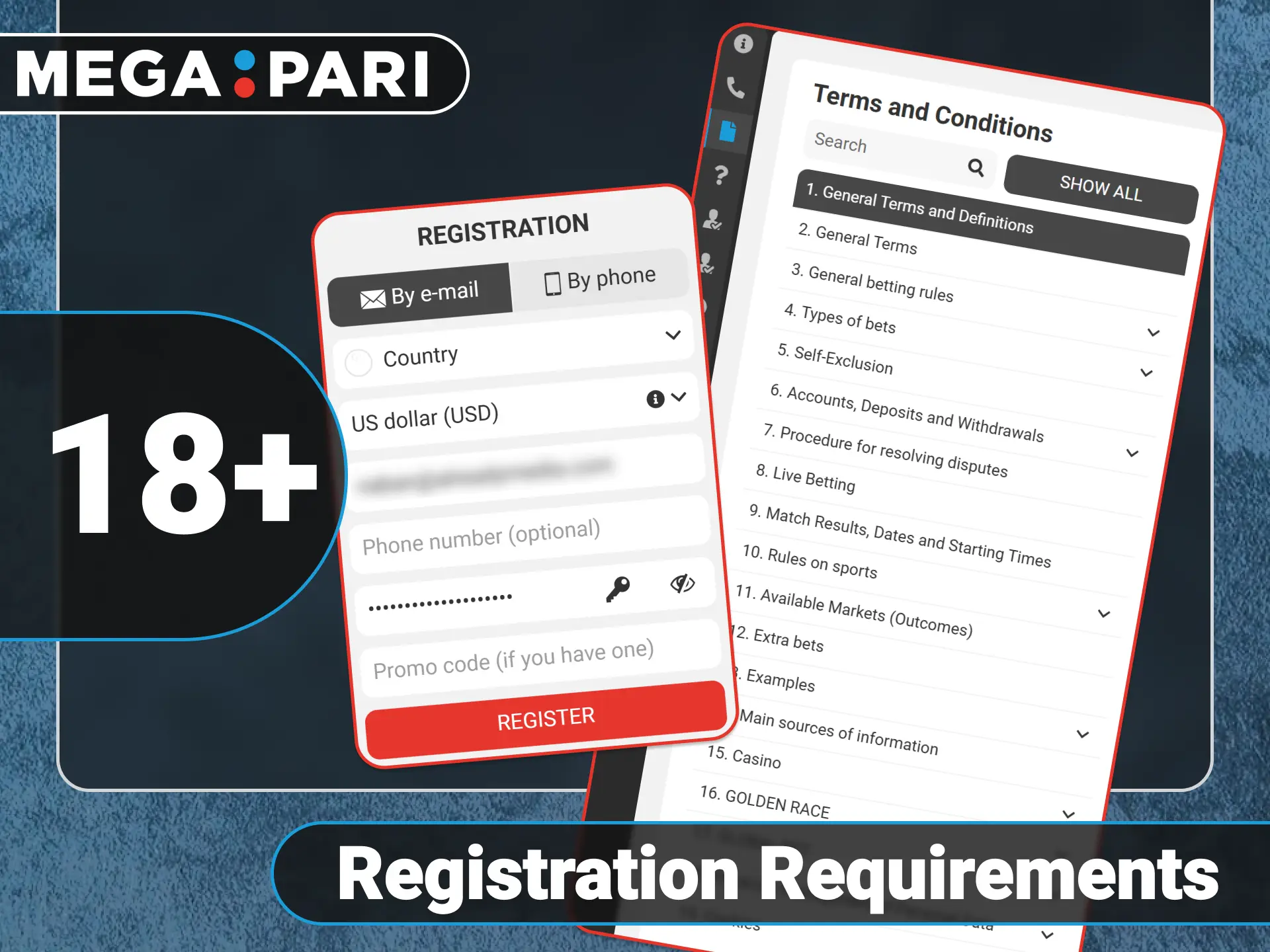 Review account creation rules on the official Megapari gaming website.